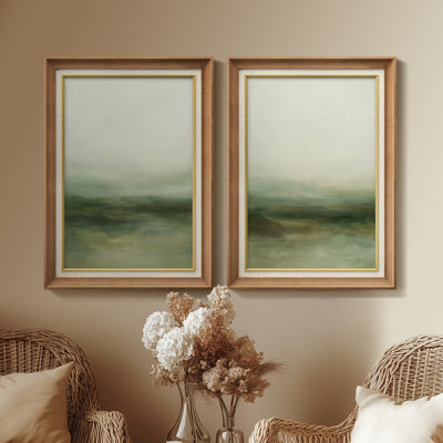 «Soft Green Abstract Misty Landscape», ensemble de 2 reproductions d'art encadrées sur papier de qualité supérieure 26 po x 36 po