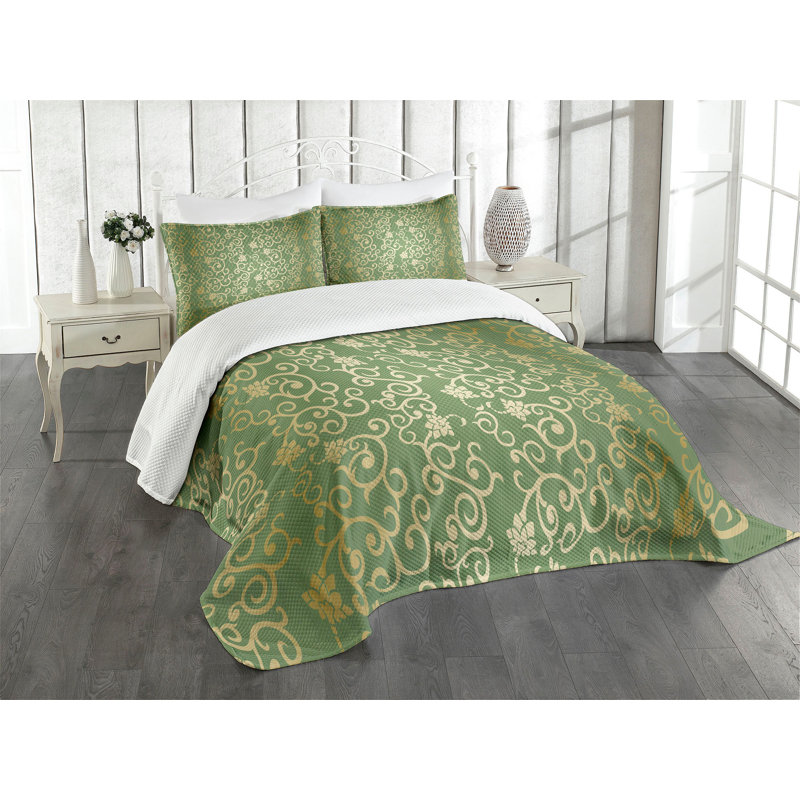 Ambesonne Green and Yellow Bedspread Set 3 Pcs Floral Curls Queen Green Yellow
