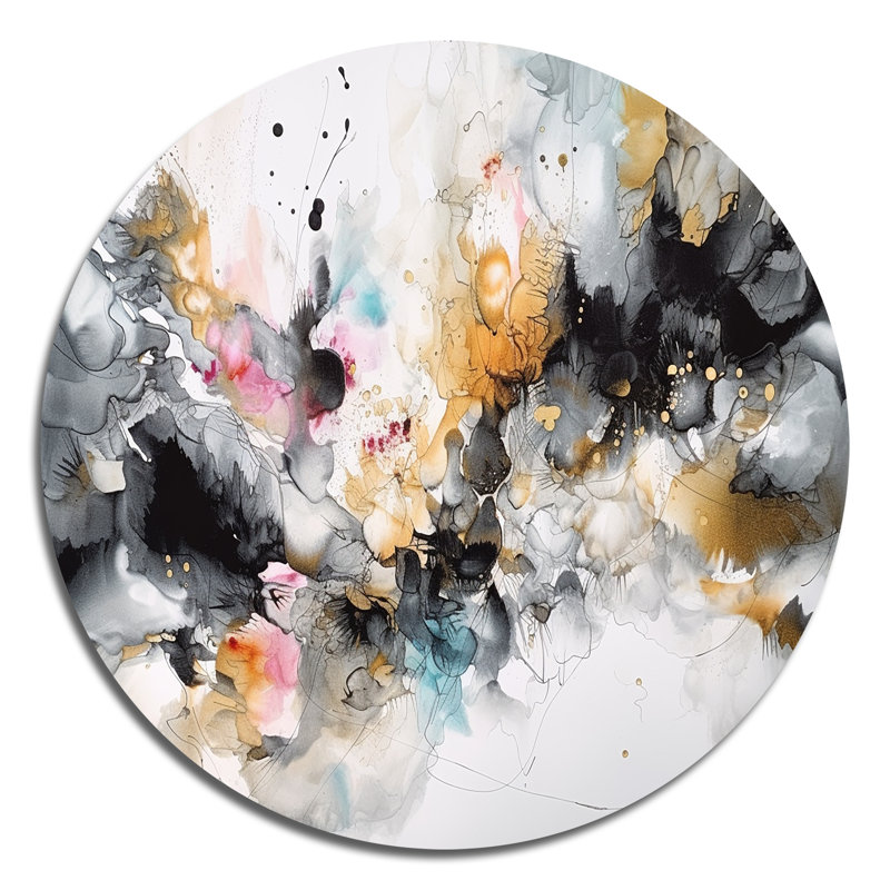 «White and Grey Geometric Profondeurs III», art mural rond abstrait géométrique sur métal, H 36 po x l 36 po x P 1 po