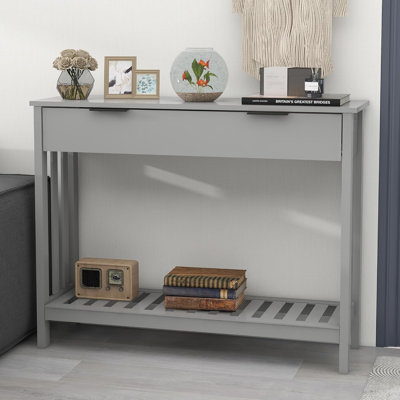 Table d'entrée moderne avec rangement, console à lattes avec tiroir, table de canapé à finition lisse pour le couloir, le salon, la chambre à coucher, la salle de bain