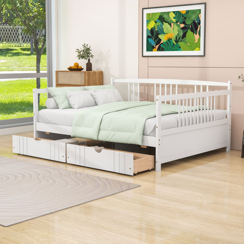 Full Size Wood Daybed with Dual Drawers and Slats, White