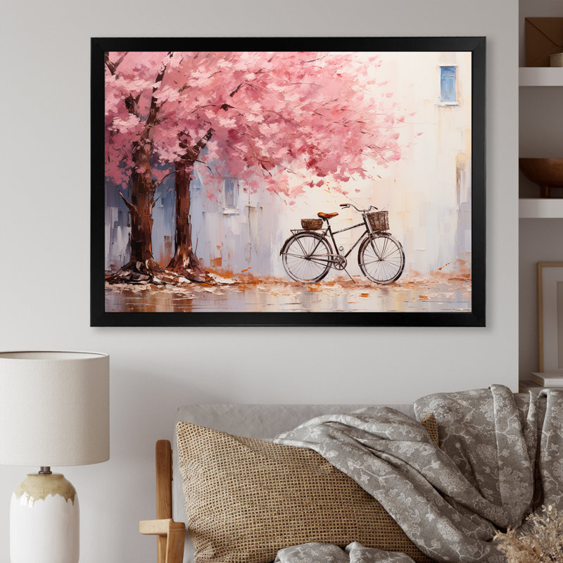 Rose et blanc fleurs printanières vélo III - art mural vélo, Cadre flottant brun, H 24 po x l 32 po x P 1 po