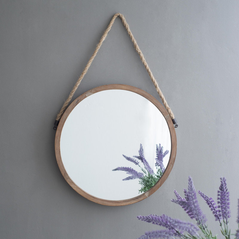 Miroir rond en bois avec poignée en jute 19 po x 19 po x 29,5 po Rally