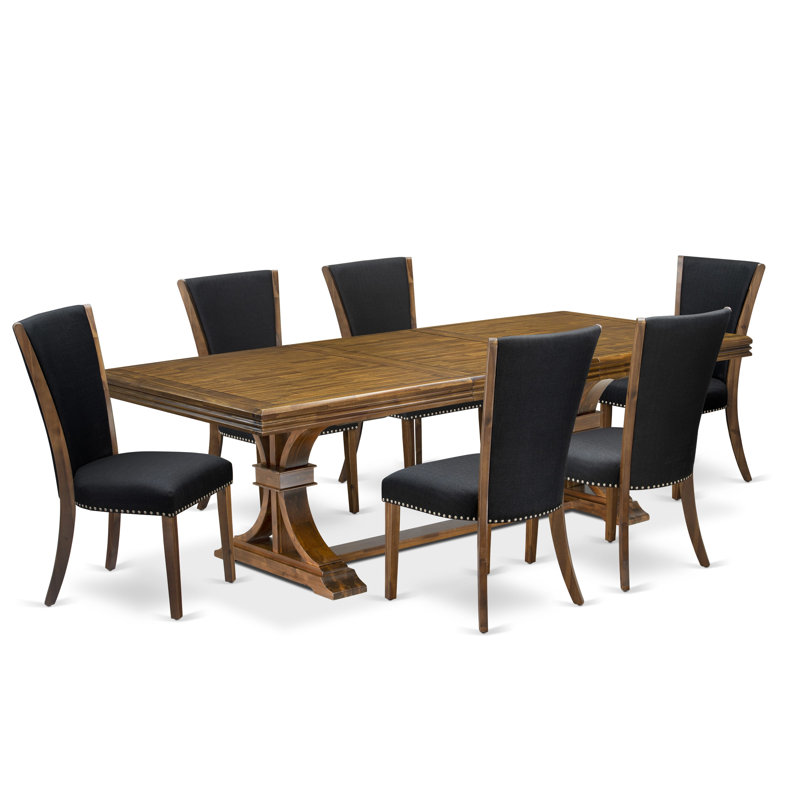 Ensemble de table de salle à manger 7 pièces Mid-Century comprenant une table et 6 chaises de salle à manger en tissu de lin noir avec dossier capitonné - Finition noyer antique