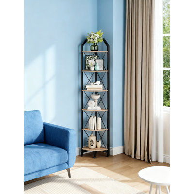 Étagère d'angle à 6 niveaux, bibliothèque industrielle avec 6 tablettes spacieuses, présentoir de rangement de 71,2 pouces de hauteur pour le salon, la chambre à coucher, le bureau personnel et l'organisation de garde-manger