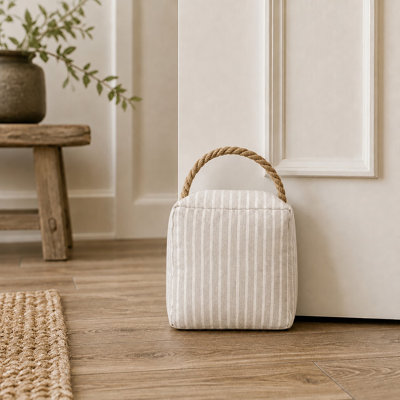 Gray Striped Fabric Door Stop, Sand Filled Weighted Doorstop with Braided Jute Rope Handle, Woven Polyester Bag Doorstopper for Bathroom Bedroom Entryway