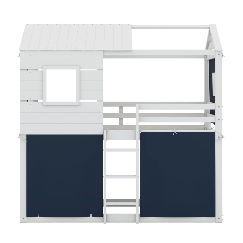 Bunk Wood House Bed With Tent, Blue, Twin Over Twin