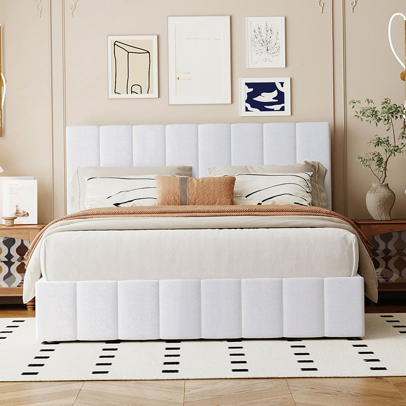Heavy-Duty Solid Wood Upholstered Platform Bed with Hydraulic Storage System, Queen, White
