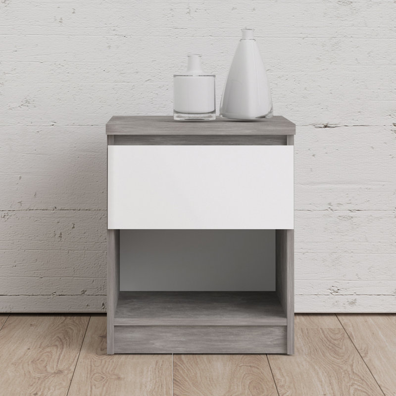 Ionică Bedside Table, Concrete/White High Gloss