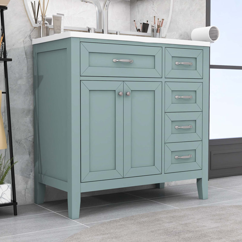 Ensemble de meuble-lavabo simple autoportant avec comptoir en céramique et grand rangement Cliftina, Vert