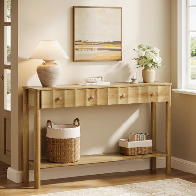 55-Inch Entryway Console Table with 2 Drawers, Fluted Sofa Table with Open Shelf for Living Room, Hallway, Foyer
