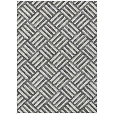 9' X 12' Black And Ivory Geometric Washable Indoor Outdoor Area Rug