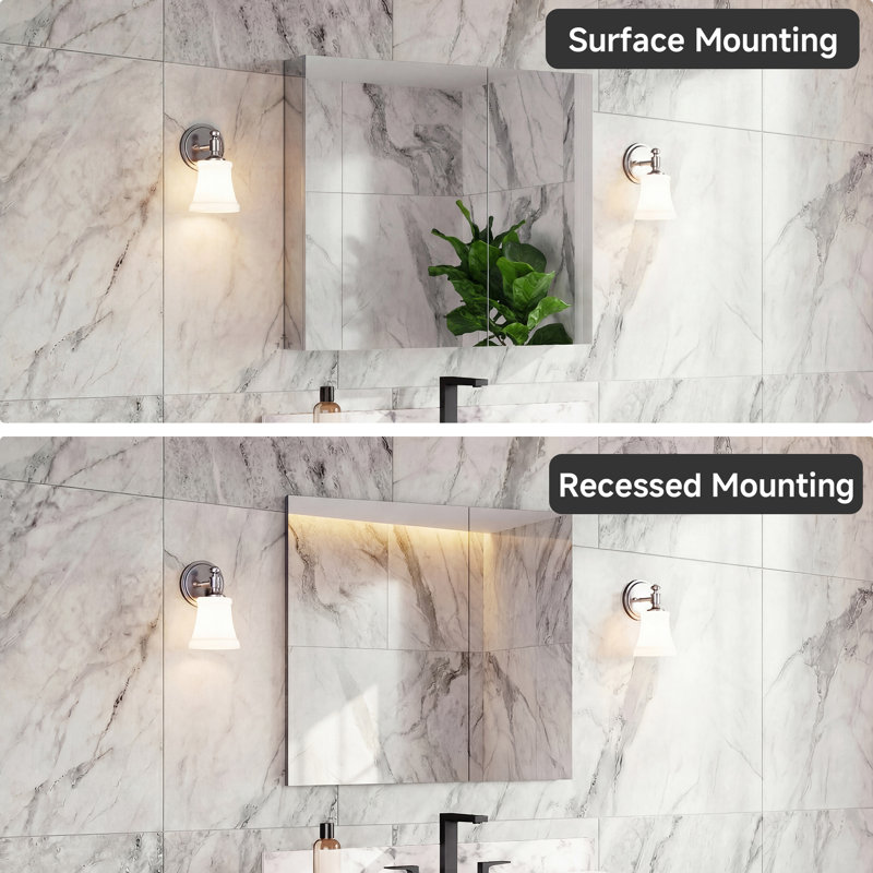 Pharmacie sans cadre à 2 portes avec miroir sans cuivre 36 po x H 30 po | Miroir en verre antidéflagrant | Tablette réglable en verre | L'installation encastrée et l'installation en surface sont toutes deux disponibles | Porte à fermeture douce