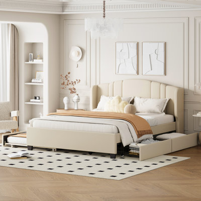 Upholstered Platform Bed with Wingback Headboard, Twin Trundle, and 2 Drawers, No Box Spring Needed, Linen Fabric, Queen Size, Beige