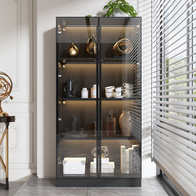 Display Cabinet with Glass Doors and Lights, Glass Display Cabinet with 4-Tier Storage Shelves, Pop-up Design, Trophy Case (80cm W x 40cm D x 160cm H)