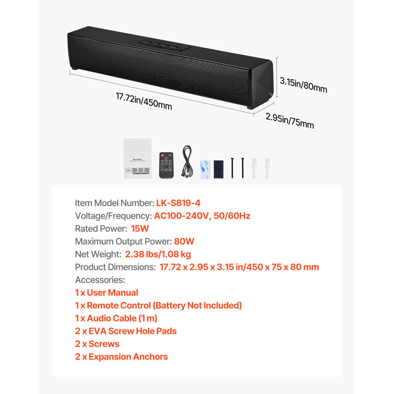 Barre de son pour téléviseur intelligent, canal 2.0, haut-parleurs de téléviseur à barre de son compacte de 17 pouces pour projecteur, connexion AUX Bluetooth, télécommande, installation facile, système de son ambiophonique de 80 W pour cinéma maison