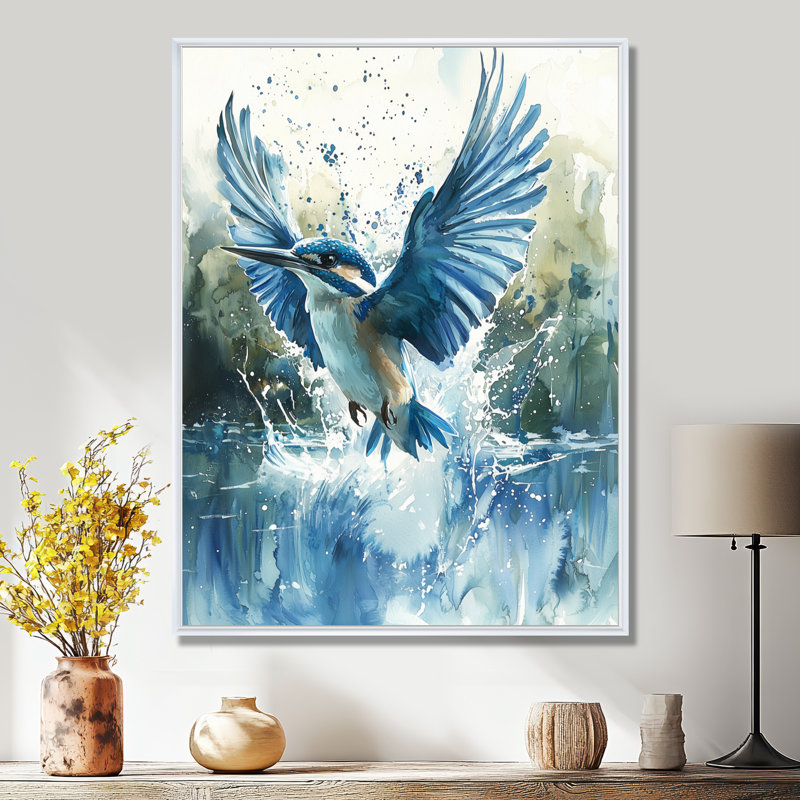 Martin-pêcheur au-dessus de l'eau I - oiseau, reproduction sur toile, H 20 po x l 12 po, Reproduction avec cadre flottant