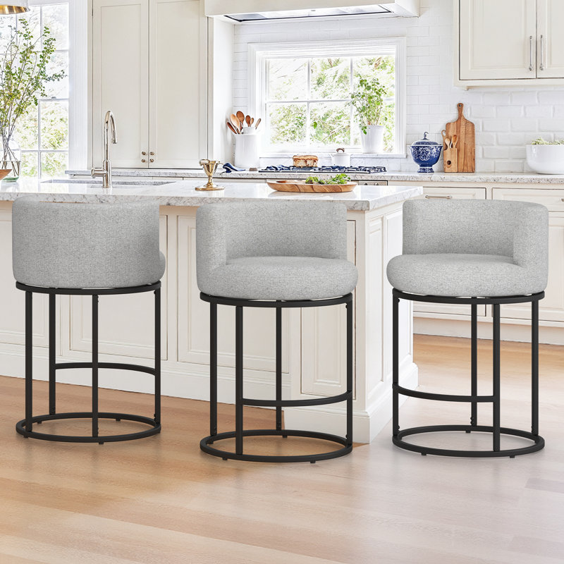 26" Swivel Bar Stools With Arms and Footrest, Upholstered Cushion Seat, Light Gray