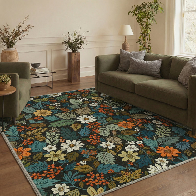 Tapis noir / blanc / vert à motif floral lavable à la machine avec envers antidérapant Ammons Edenwood, Rond 5 pi