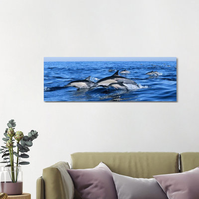 Common Dolphins Breaching In The Sea - Wrapped Canvas Panoramic Print