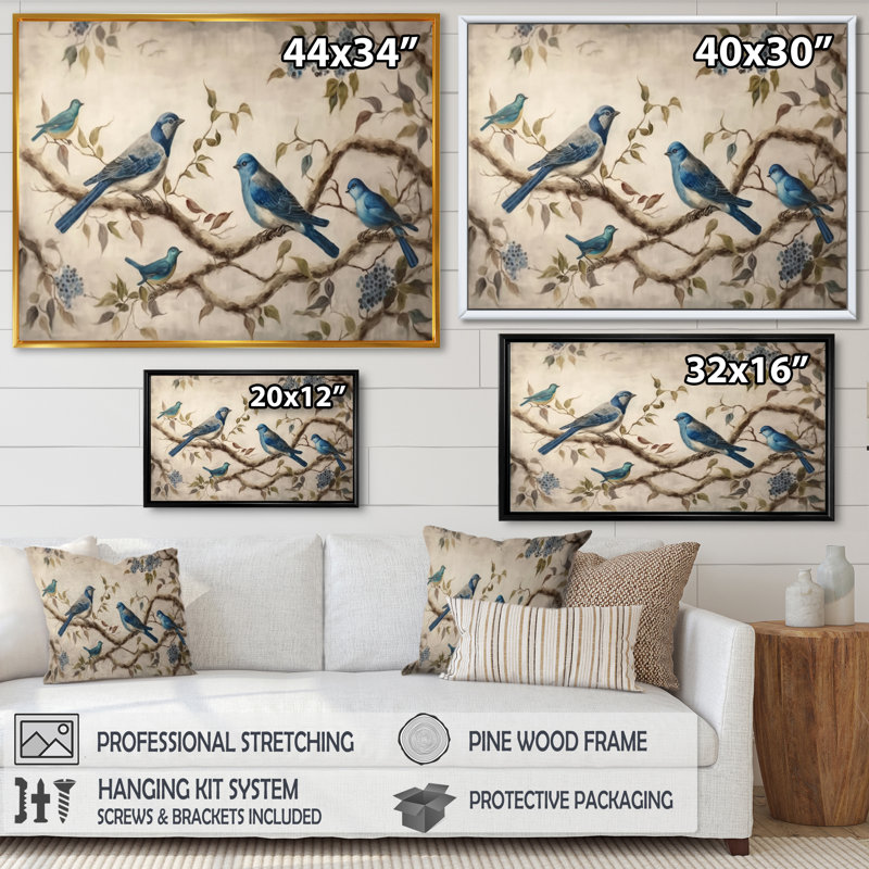 Quatre oiseaux bleus rétro sur une branche I - reproduction sur toile, Cadre flottant doré, 12" H x 20" W