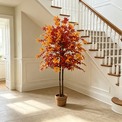 Érable artificiel de 5,3 pi avec feuilles luxuriantes réalistes, faux décor de plante orange foncé avec tronc réaliste, utilisation extérieure / intérieure pour la maison, le bureau, le jardin, le porche ou les décorations saisonnières, plantes artificielles pour la décoration intérieure avec pot en plastique