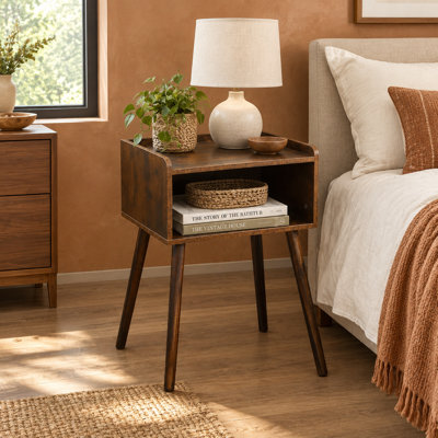 Rustic Brown Mid-Century Modern Bedroom Bedside Side Table with Storage Drawer and Solid Wood Legs, Small End Table for Living Room, Office or Small S
