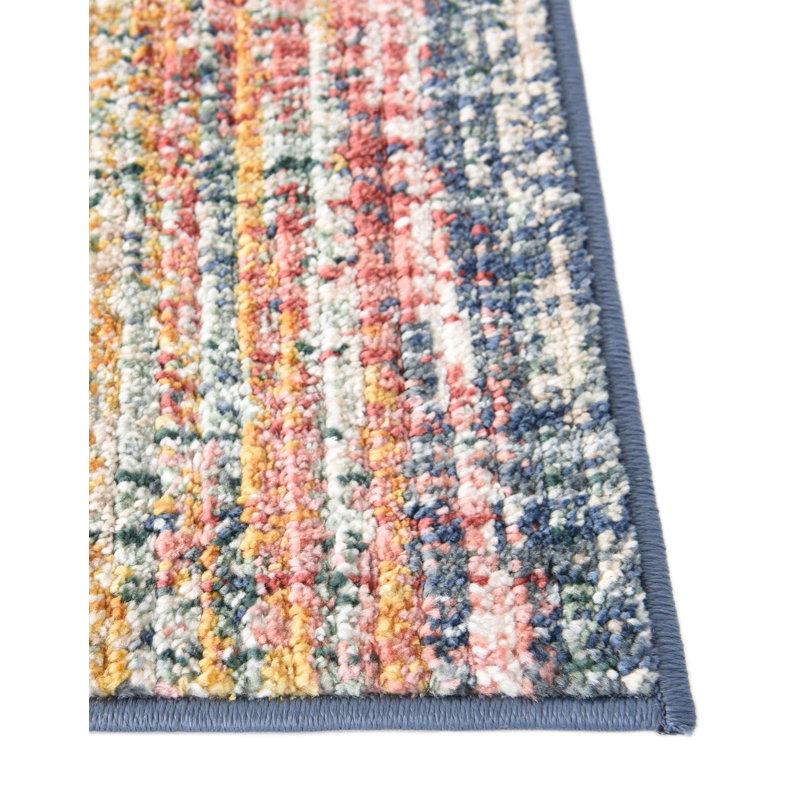 Tapis rayé jaune / bleu / rouge / bleu marine Hulsey, Carré 9 pi 10 po