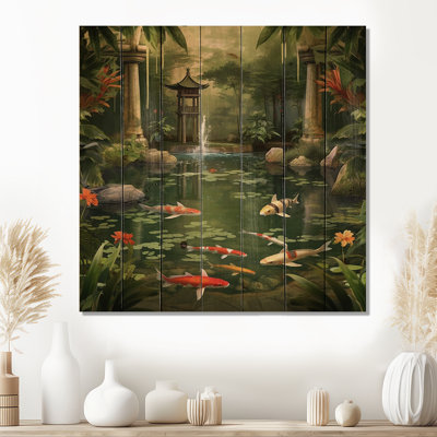 Bamboo And Koi Pond Showcase I - Bamboo Wood Wall Art On Natural Pine Wood