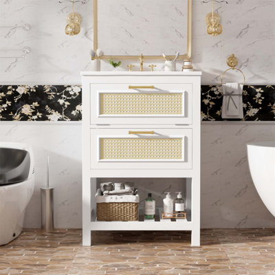 24 Inch Bathroom Vanity With Integrated Ceramic Sink, Single Drawer, And Tip-Out Drawer For Small To Medium Bathrooms