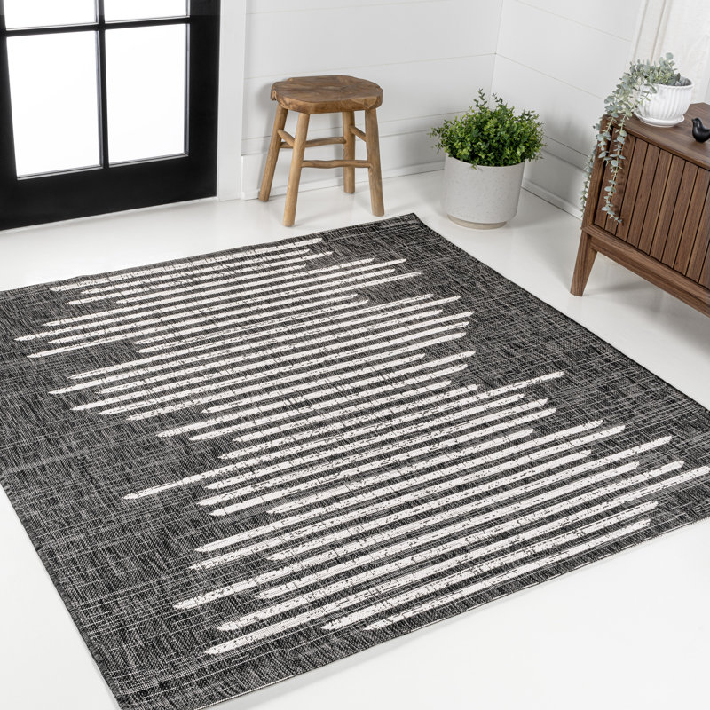 Edinburg Berber Stripe Geometric Black/Ivory Indoor/Outdoor Rug, Square 9'
