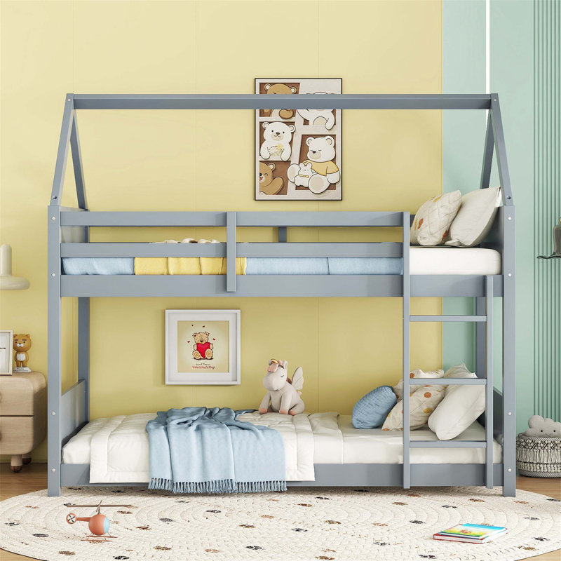 Twin Over Twin House Floor Bunk Bed With Headboards, Footboards, Guardrails, And Ladder, Grey, Space-Saving And Safe Design
