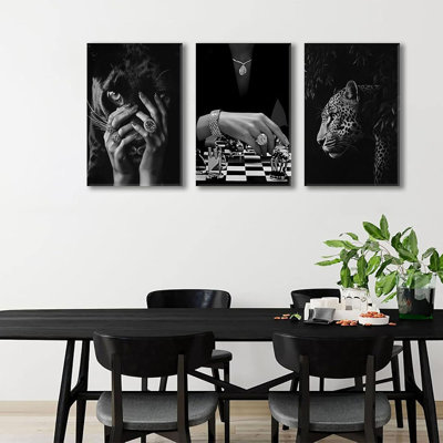 3Pcs Trendy Black White Cheetah Canvas Wall Art Fashion Leopard Paintings Pictures Wall Decor Woman Playing Chess Posters Prints Feminist Luxury Artwork For Living Room Bedroom Decoration 12×16In