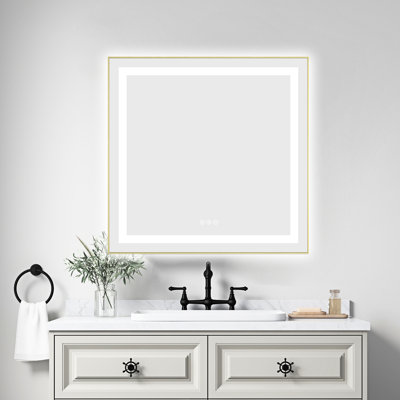 Miroir de salle de bain mural 30 "X avec éclairage à DEL, 3 couleurs, brouillard, cadre en aluminium, mémoire, gradation continue, brume dorée brossée