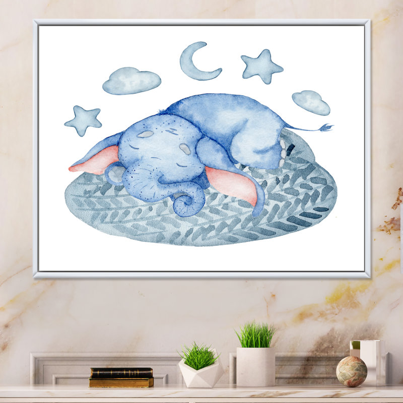 «Cute Elephant Sleeping II», reproduction sur toile flottante, H 16 po x l 32 po x P 1 po, Cadre flottant blanc
