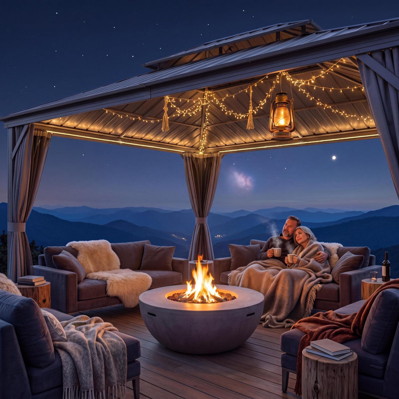 Pavillon de jardin 12 po x 20 pi avec toit double, auvent en acier, rideaux et filet pour terrasse de patio