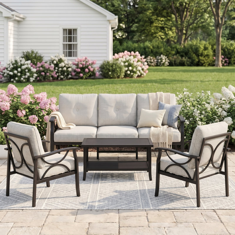 Ensemble de conversation pour patio 5 personnes avec coussins Brandtley, Cadre café / coussin kaki