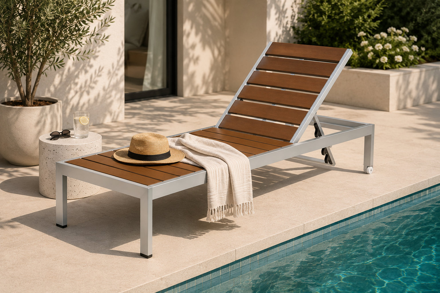 Aynura 26" Patio Chaise Lounge,  White Frame/Teak Seat