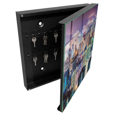 Key storage box, Opens to the right, 30x30x5, White, Night view of the city full of lights and skyscrapers, 