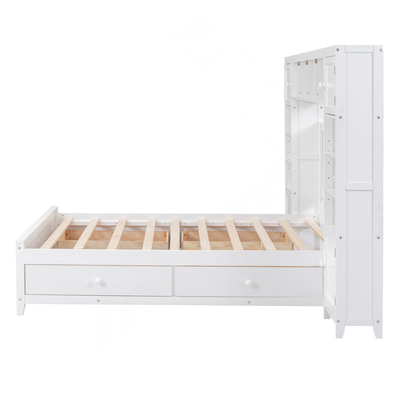 Lit double en bois avec armoire et tablette tout-en-un, blanc