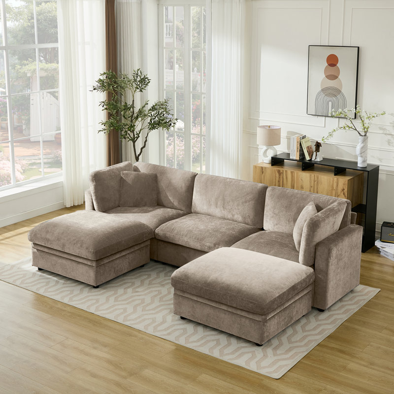 Oversized Down-Filled Modular Sofa With Ottomans, 34.6" H x 118.5" W x 66.9" D, Khaki