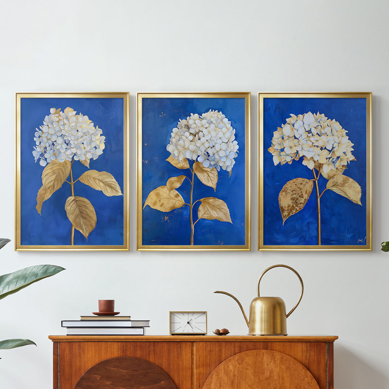 FLORAL Series XC III - Toile tendue avec châssis sur mesure - 3 pièces, 21'' H x 30'' W, Doré