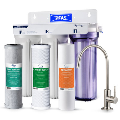 Système de filtration d'eau sous l'évier iSpring US31-PF à 3 étapes, testé pour réduire jusqu'à 99% l'APFO et le SPFO, filtration à 3 étapes pour réduire les sédiments, le chlore, le goût et les odeurs, 2,5 po x 10 po