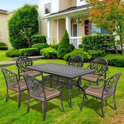 7 Cast Aluminum Patio Furniture With Brown Cushions, Traditional Casting For Chairs And Tables Petal Rectangle Patterns, Elegant Look Outdoor Spaces, High-temperature Coating Weather Corrosion