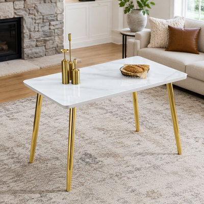 Modern Minimalist Rectangular Dining Table for 4-6 People, Tempered Glass Top, Imitation Marble, Gold Metal Legs
