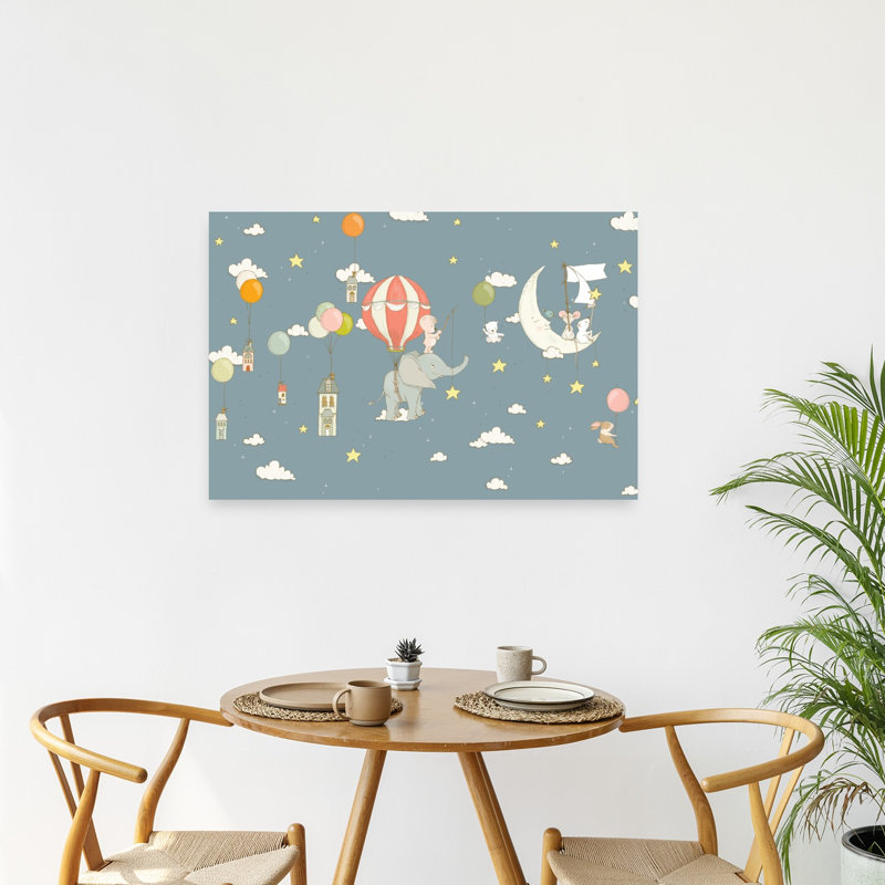 Magical Sky Friends Abstract Contemporary Retro Elephant Nature Flower Wall Art Print 1 Piece Wrapped Canvas Wall Art