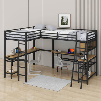 Metal Twin Size L-Shaped Loft Bed With LED, Storage Shelves, 2 Charging Stations And 2 Built-In Desks