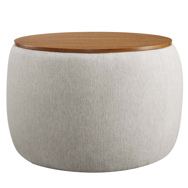 Modway Perla 26" Wide Round Storage Ottoman, Ivory Fabric