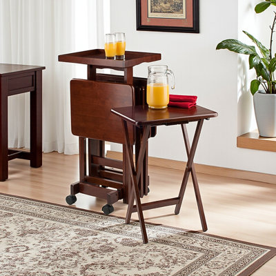 Turner Dark Brown Solid Wood 6-Piece Snack Table Set with Casters, 18.85'' L X 14.35'' D