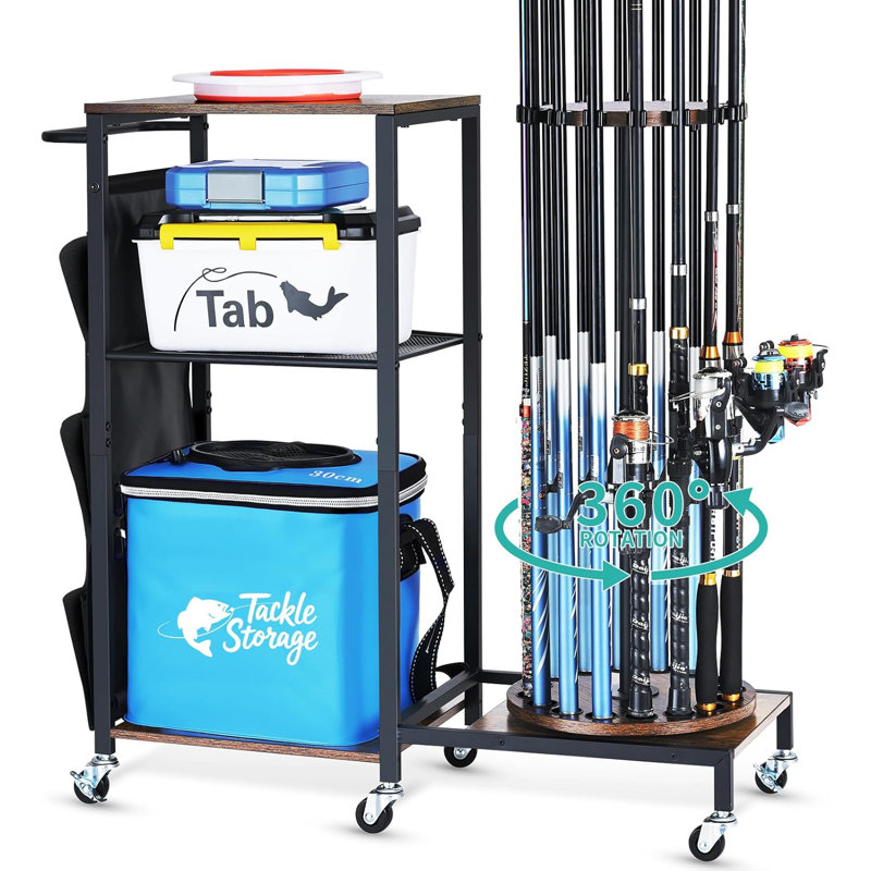 Chariot de rangement pivotant à 360 degrés avec roulettes - Support de rangement robuste pour 12 cannes et boîtes à pêche - Support pour équipement de pêche